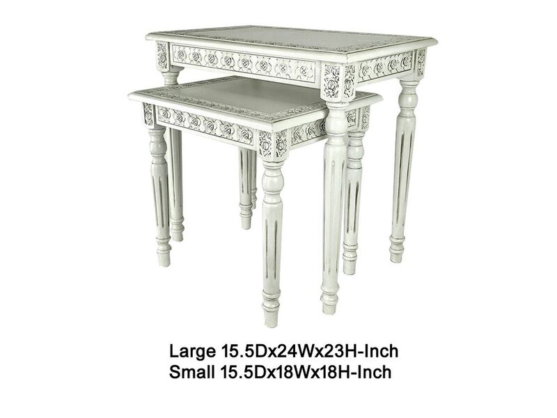 Elegantly Engraved Wooden Frame Nesting Table, Set of 2, Antique White - Benzara