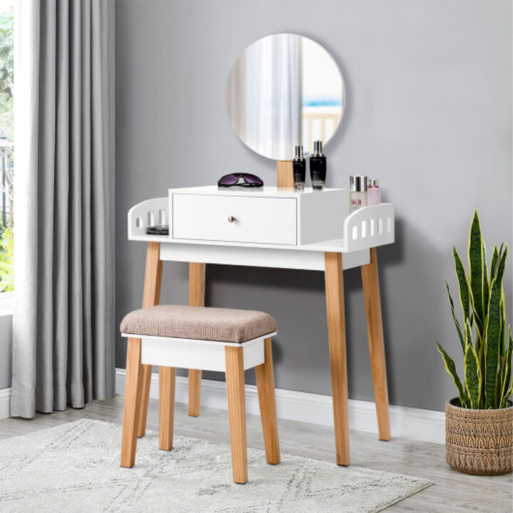 Wooden Makeup Dressing Mirror Table Set with Drawer