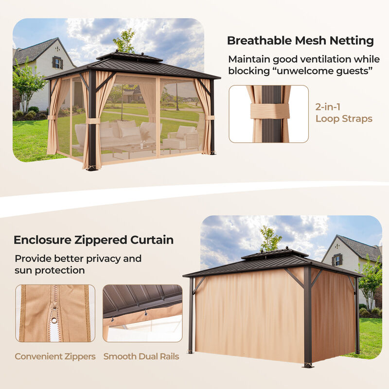 10x13ft Double-Roof Patio Hardtop Gazebo with Galvanized Steel Roof Netting and Curtains-Coffee