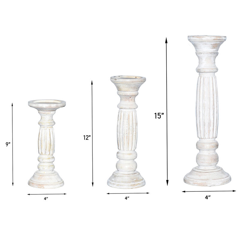 Traditional Antique White Eco-friendly Handmade Mango Wood Set Of Three 9",12" & 15" Pillar Candle Holder