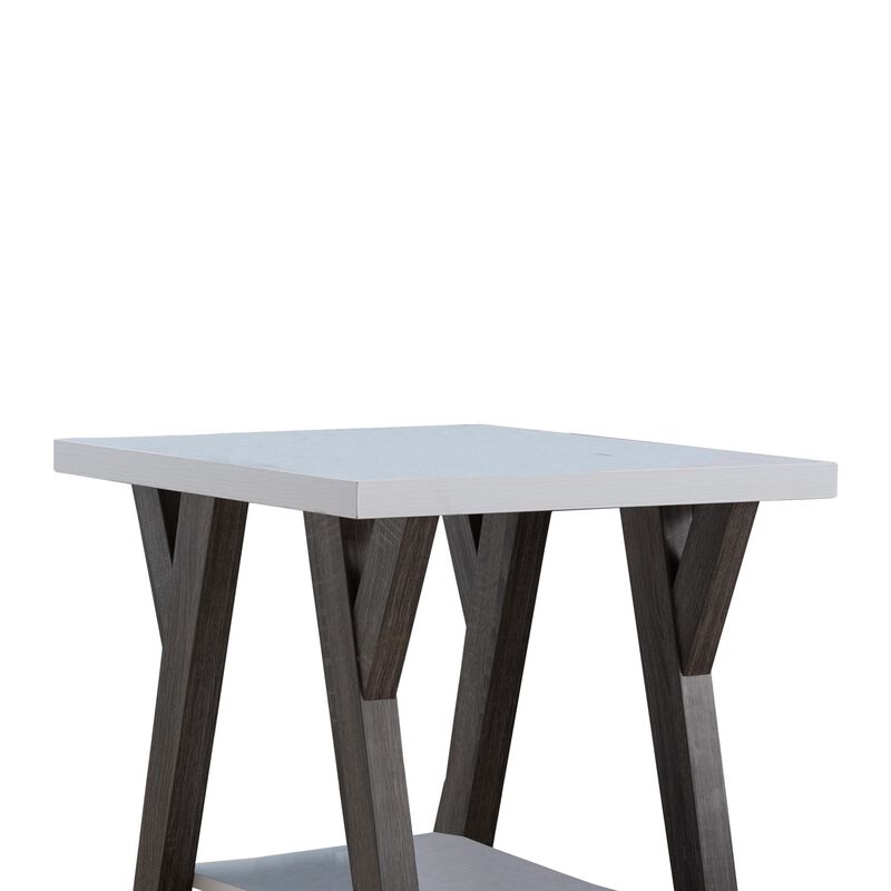 22 Inch Two Tone End Table with Bottom Shelf, White and Gray-Benzara