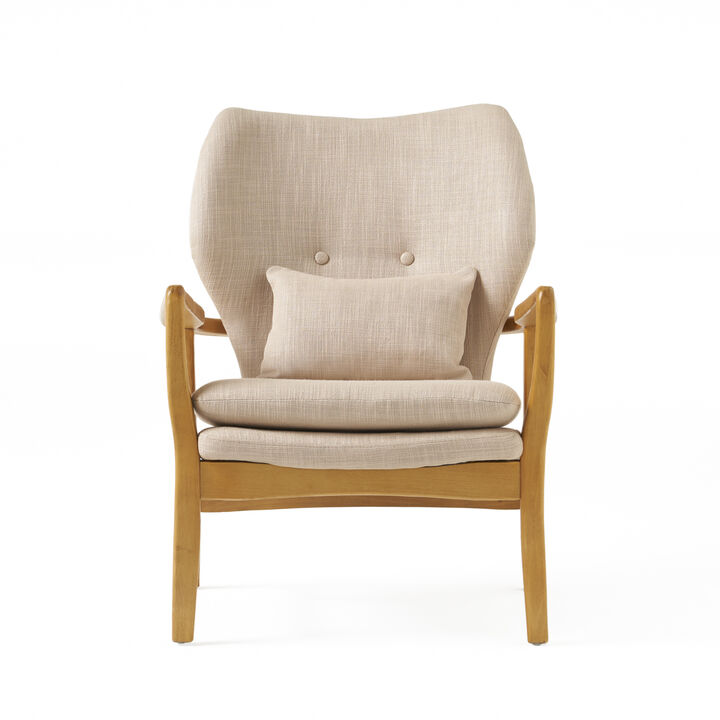 Keya Accent Chair, 1 Pillow, Beige, Button Tufted Back, Light Brown Wood - Benzara