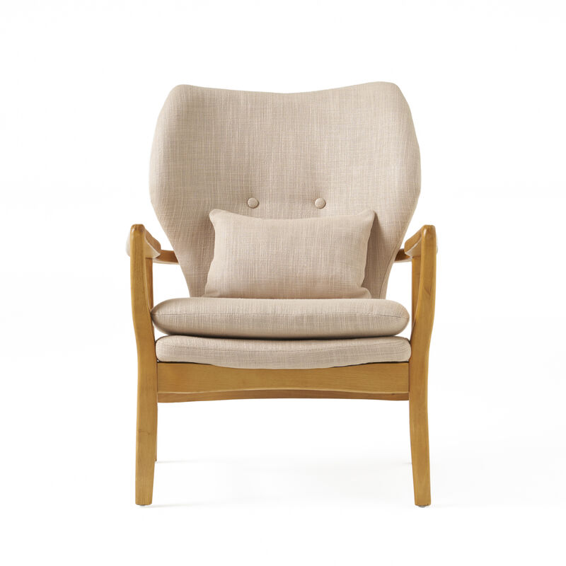 Keya Accent Chair, 1 Pillow, Beige, Button Tufted Back, Light Brown Wood - Benzara