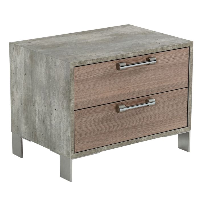 Noe Billy 26 Inch Nightstand, 2 Drawers, Gray Faux Concrete, Oak Laminate -Benzara