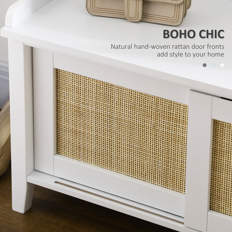 White Entryway Organizer: Shoe Bench with Rattan Sliding Doors
