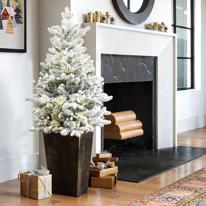 LuxenHome 4Ft Pre-Lit Flocked Artificial Tree in Tall Pot