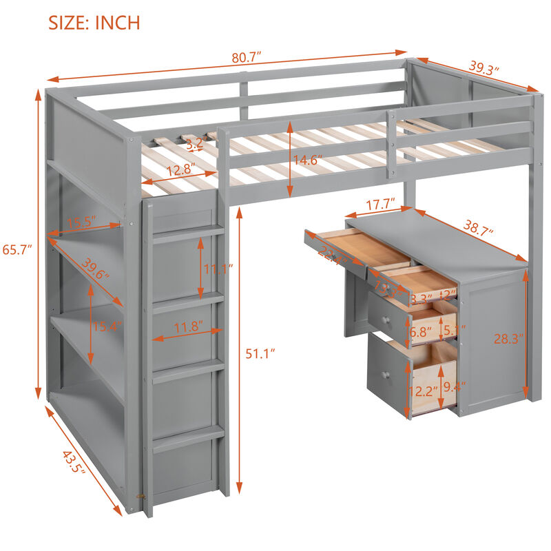 Loft Bed with Ladder Space-Saving Design with Built-In Shelves & Desk