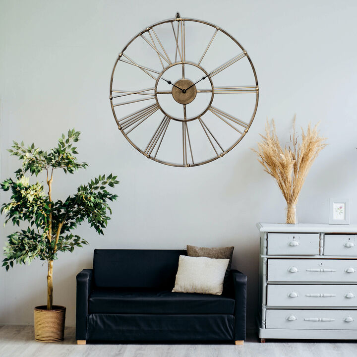 Vintage Antique Gold 30 in Dia Metal Wall Clock - Roman Numerals, Elegant Decorative Timepiece for Dining, Living Room, or Kitchen, Classic Home Accent with Intricate Detailing and Timeless Design