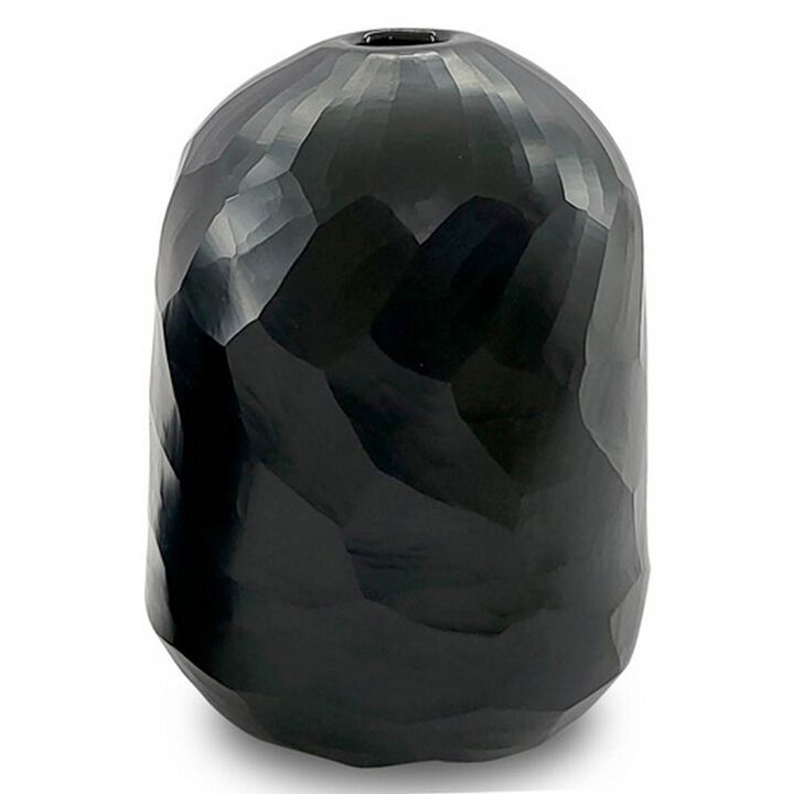 Fory Flower Vase, Modern Round Oval Shaped Hand Carved Black Glass Finish -
