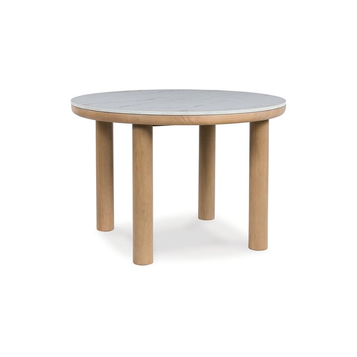 Awdyn Dining Table, 45 Inch Round White Marble Top, Brown Wood Legs - Benzara