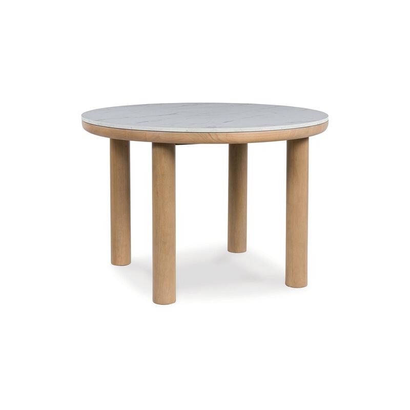 Awdyn Dining Table, 45 Inch Round White Marble Top, Brown Wood Legs - Benzara