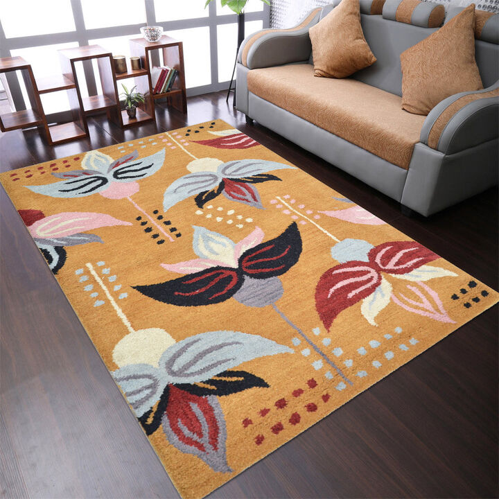 RUGSOTIC CARPETS HAND TUFTED WOOL ECO-FRIENDLY AREA RUGS  - 8'x11', Rectangle Shape, Gold, Floral Modern Design, High Pile Thick Handmade Anti Skid Area Rugs for Living Room, Bed Room (K00669)