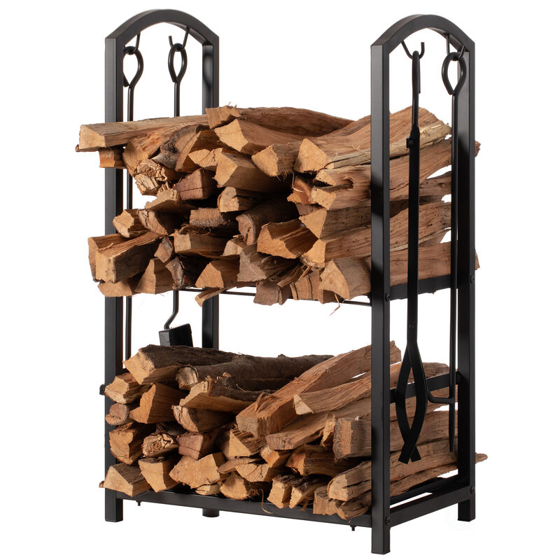 Indoor and Outdoor Patio Iron Firewood Log Cart with Fireplace Tool Rack, Black