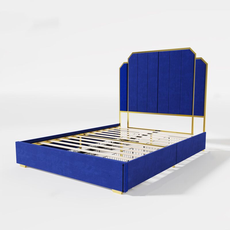 MONDAWE Queen Size Modern Platform Bed Frame and 59.06" Headboard, Upholstered Bed with Golden Plating Trim