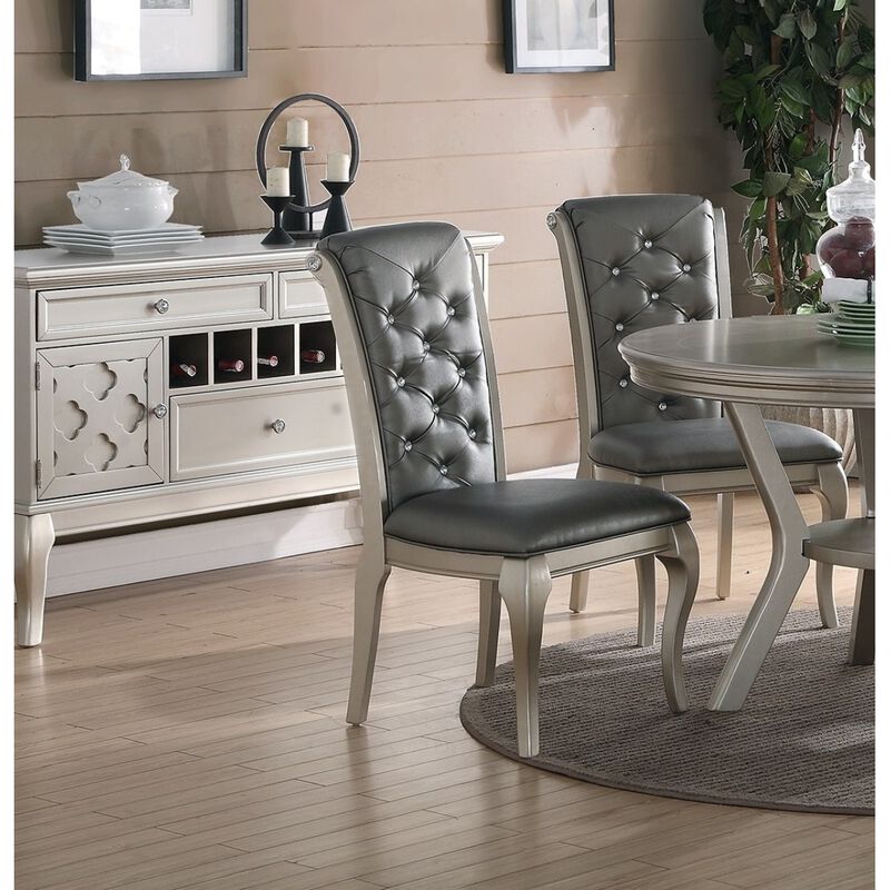 Antique Silver Wooden Dining Chairs with Grey Faux Leather