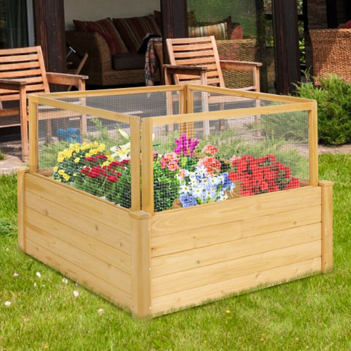 Wooden Raised Garden Box with 9 Grids and Critter Guard Fence