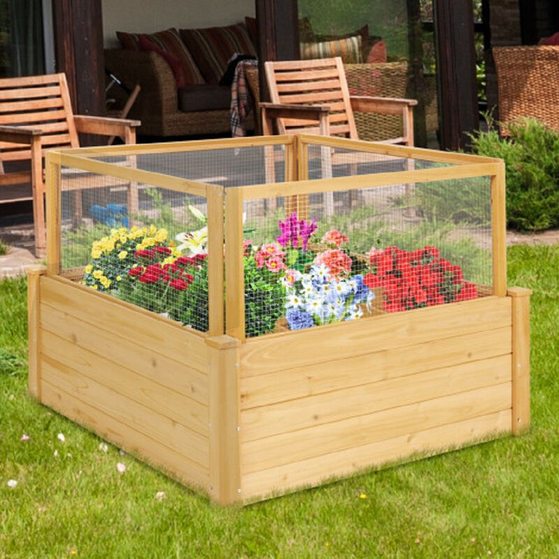 Wooden Raised Garden Box with 9 Grids and Critter Guard Fence