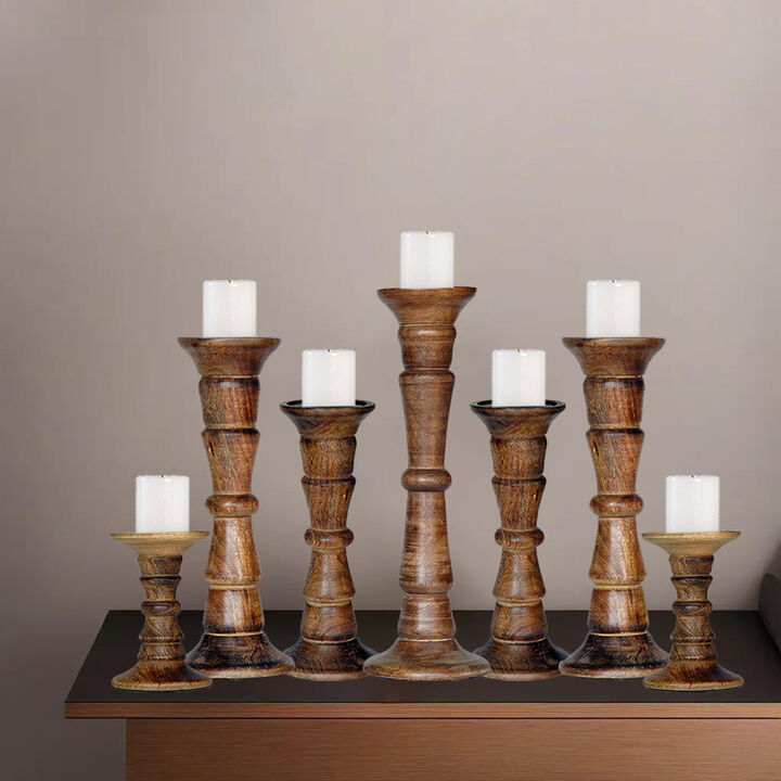 BBH Homes Traditional Medium Burnt Eco-friendly Handmade Mango Wood Set Of Seven 6",9",12",15",12",9" & 6" Pillar Candle Holder