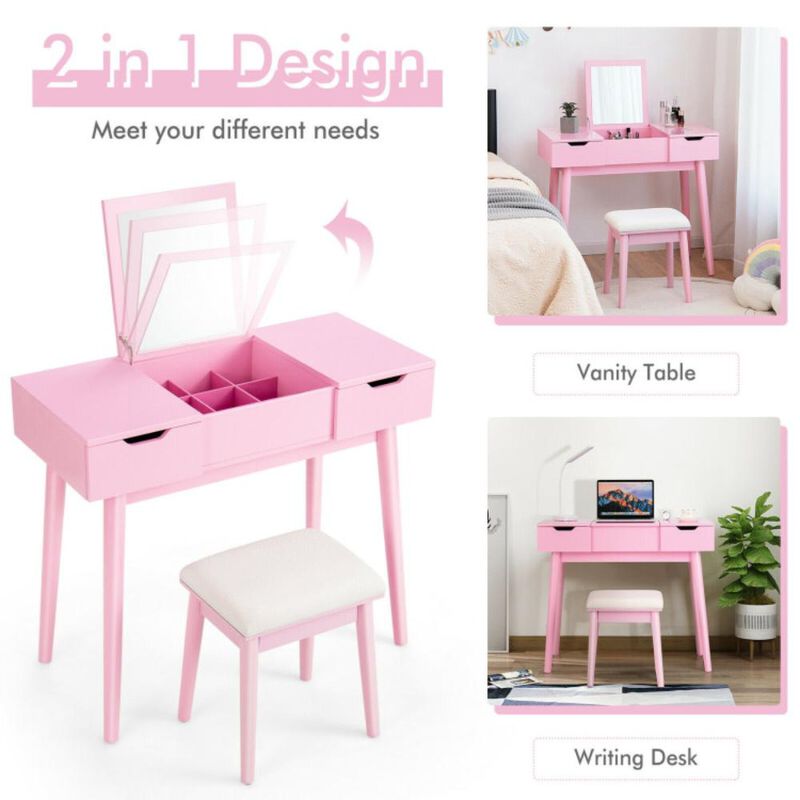 Hivvago Makeup Vanity Table Set with Flip Top Mirror and 2 Drawers-Pink