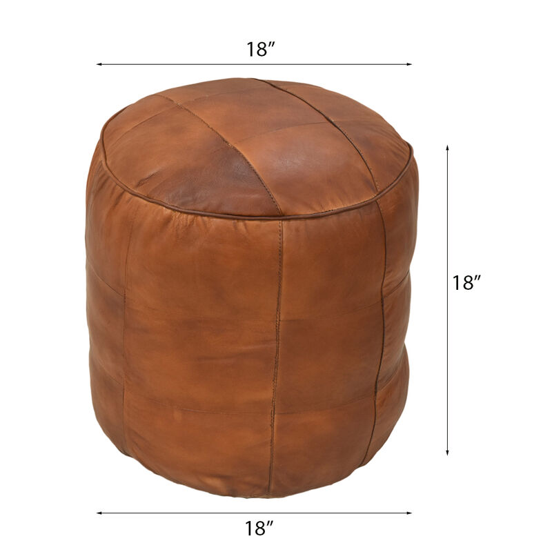 Geometric Handmade Leather Round Pouf 16"x16"x16" (Recycled Foam with Fibre Fill) Cognac Color BBBACPF39 BBH Homes