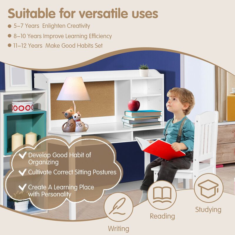 Kids Desk and Chair Set with Study Writing Desk, Hutch, and Bookshelves for Organization