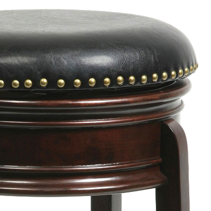 Sabi 24 inch Swivel Counter Stool, Solid Wood, Faux Leather, Cappuccino, Brown - Benzara