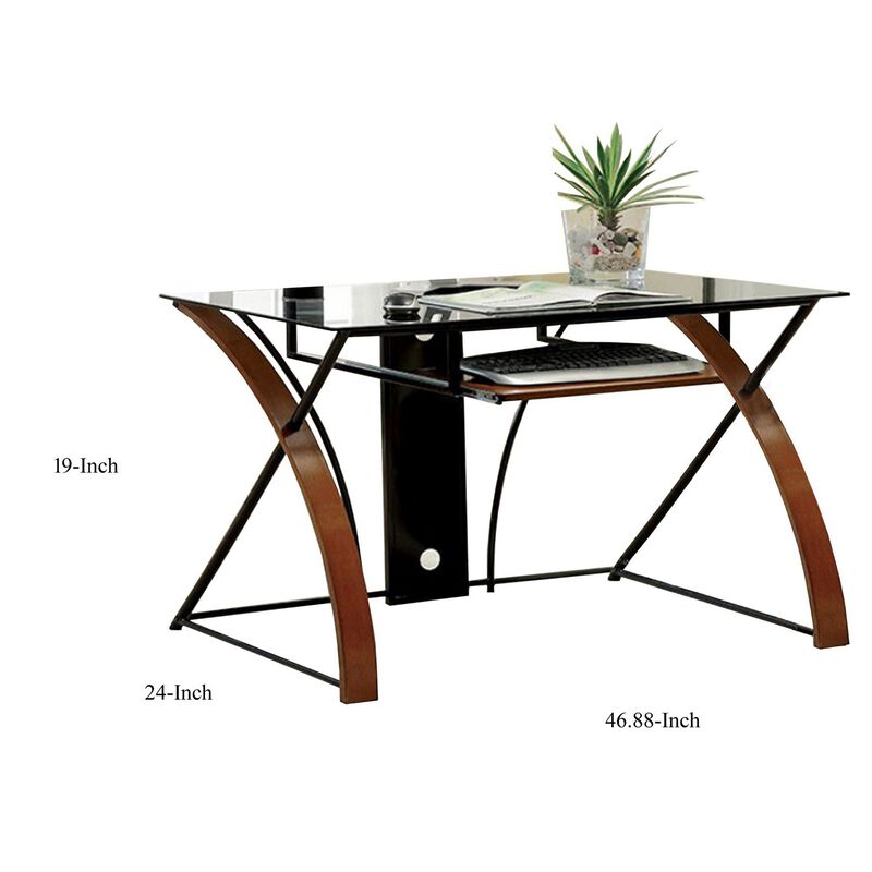 Glass Top Computer Desk with Z Shaped Metal Legs, Brown and Black - Benzara