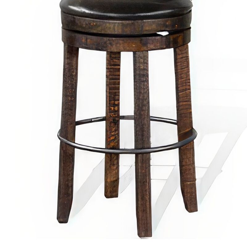 Flint Swivel Barstool Chair Set of 2, Black Faux Leather, Dark Brown - Benzara