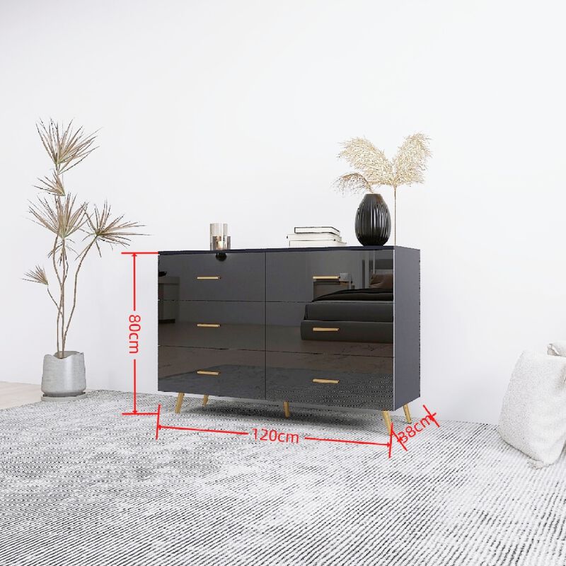 6 Drawer Chest with Golden Accents in Black Finish