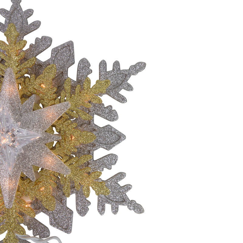 13.75" Lighted Gold and Silver Snowflake Christmas Tree Topper  Clear Lights