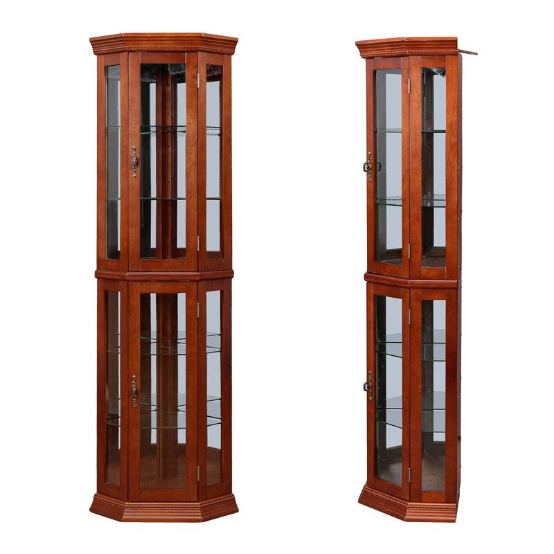 Walnut Corner Curio Cabinet with Lights & Adjustable Shelves