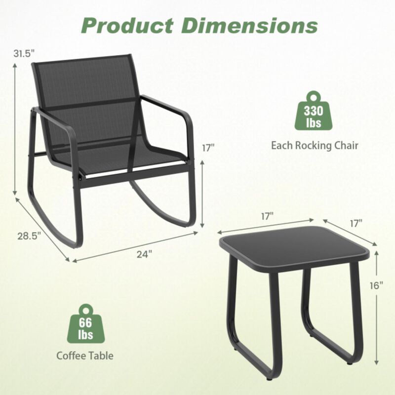 Hivvago 2 Rocking Bistro Chairs and Glass-Top Table for Porch Yard Balcony