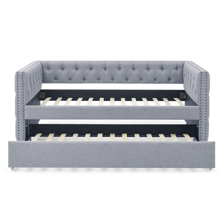 Grey Upholstered Twin Daybed with Trundle & Sofa Bed