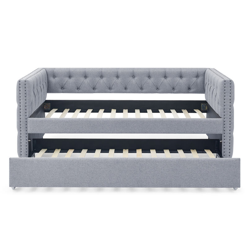 Grey Upholstered Twin Daybed with Trundle & Sofa Bed