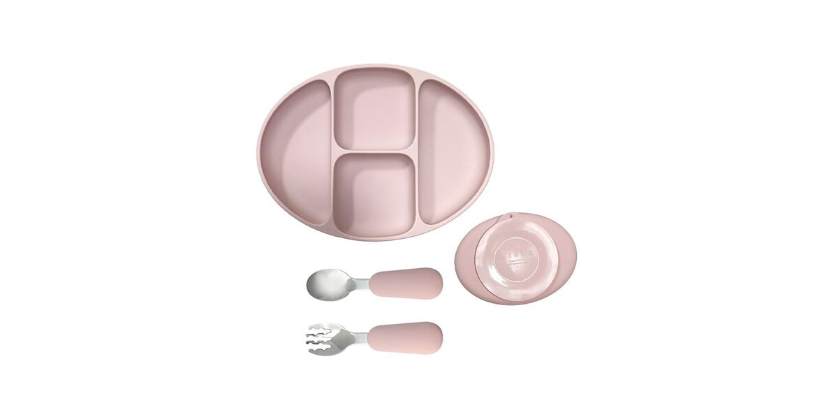 Silicone Suction Baby Feeding Set – Includes Divided Bowl, Plate, Spoon & Fork – BPA-Free, Non-Toxic, and Kid-Safe Tableware (Pink).