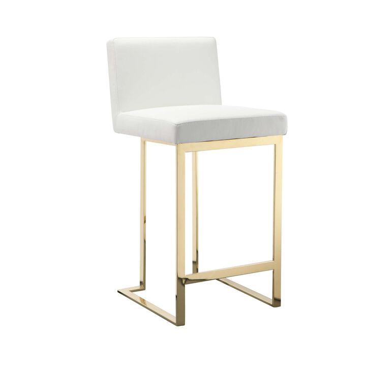 Boly 26 Inch Counter Stool, Cushioned White Faux Leather, Gold Cantilever - Benzara