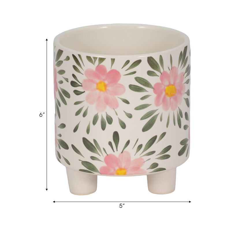 6" Footed Hand Painted Pink Flower Planter