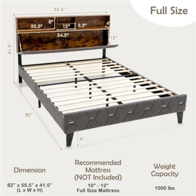 Hivvago Full Size Velvet Upholstered Open/Close Storage Headboard Platform Bed