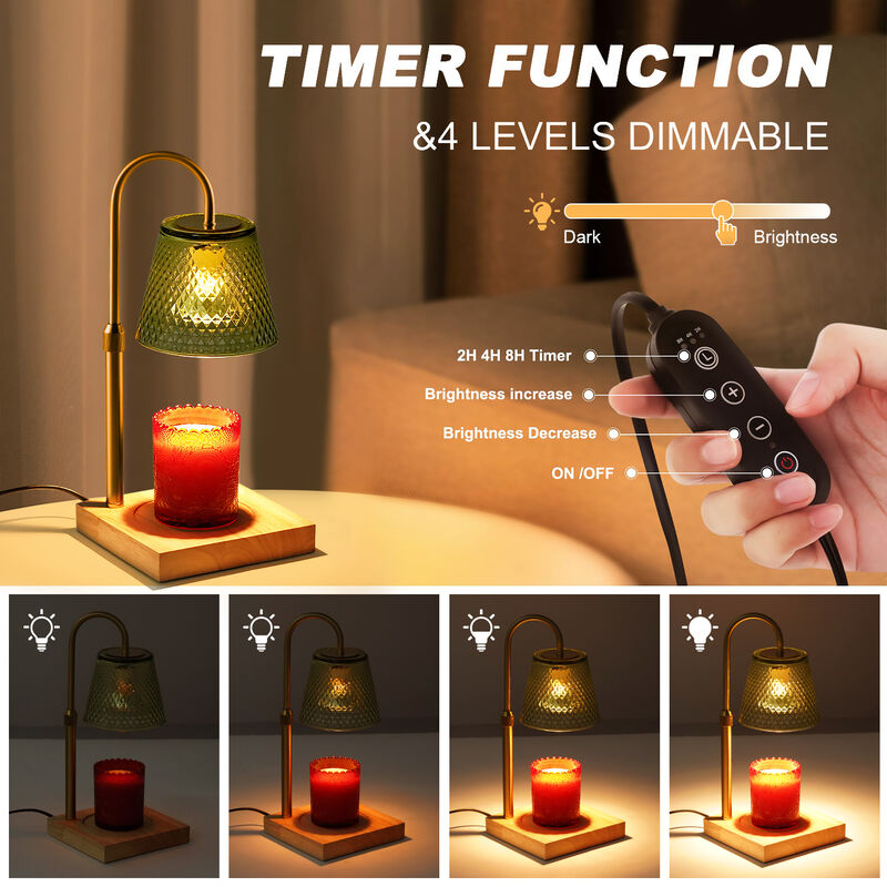 Candle warm lamp with dimmer and timer, aromatherapy wax candle melt lamp, adjustable height, green glass lamp shade, preferred for gifts