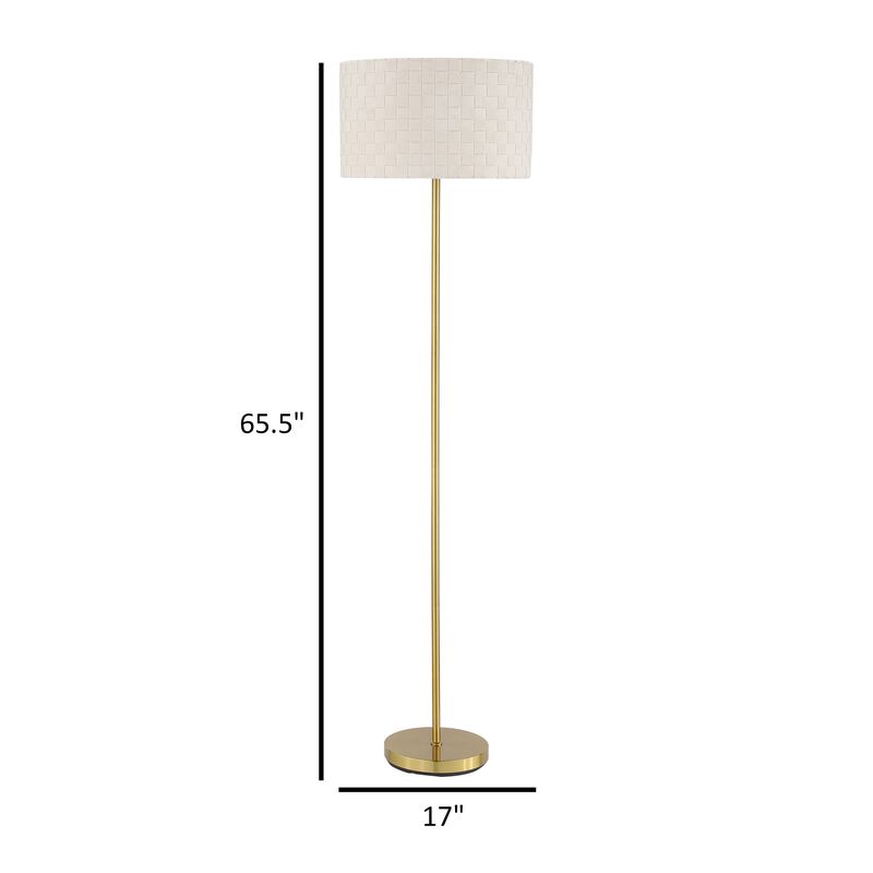 Nek 66 Inch Floor Lamp, Basketweave Drum Shade, Ivory Fabric, Gold Metal - Benzara
