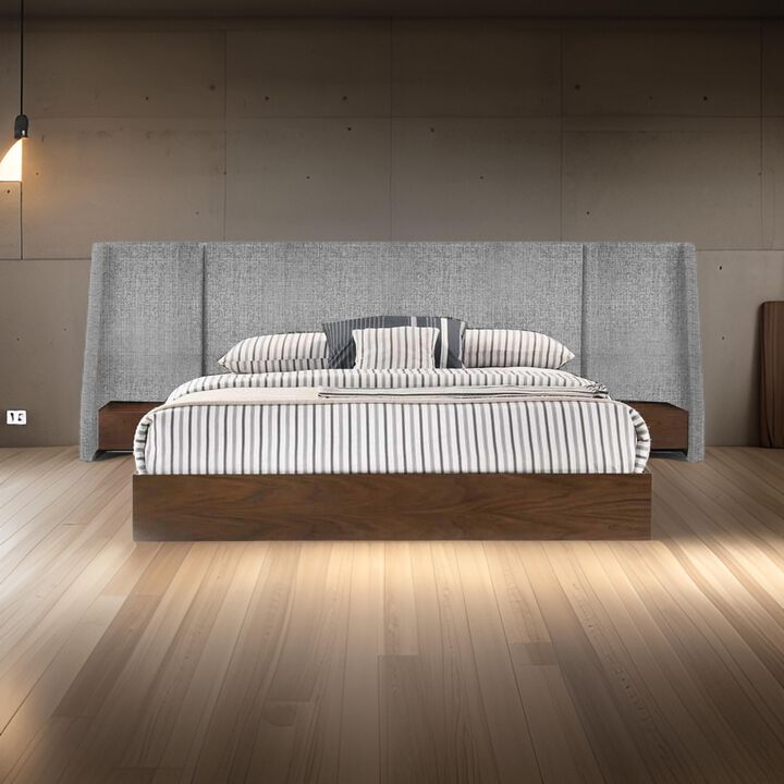 Nie Queen Bed, Gray Upholstered Wide Wall Headboard, Walnut Brown Wood - Benzara