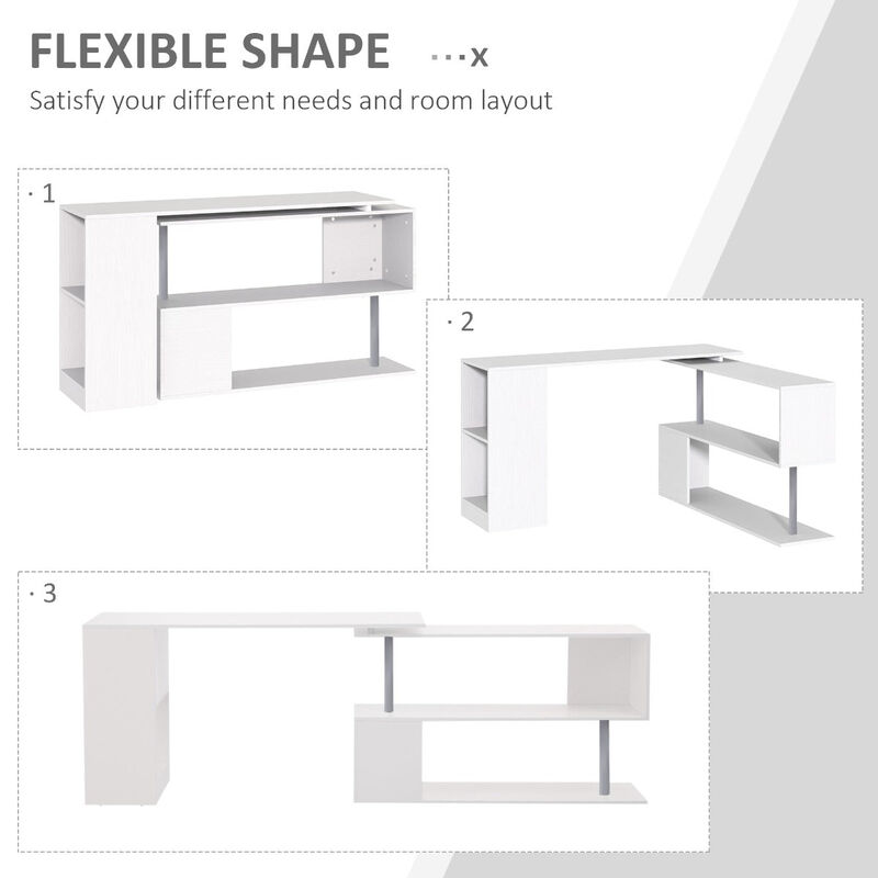White Versatile Office: 55" 360° Rotating L-Shaped Desk with Storage
