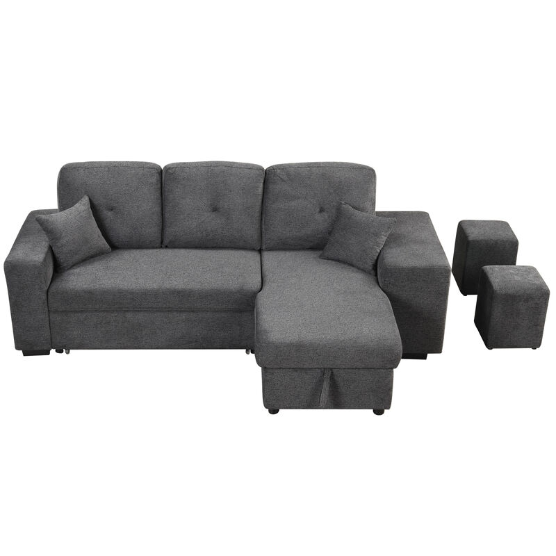 Sectional Sofa Bed with Storage Chaise and 2 Stools