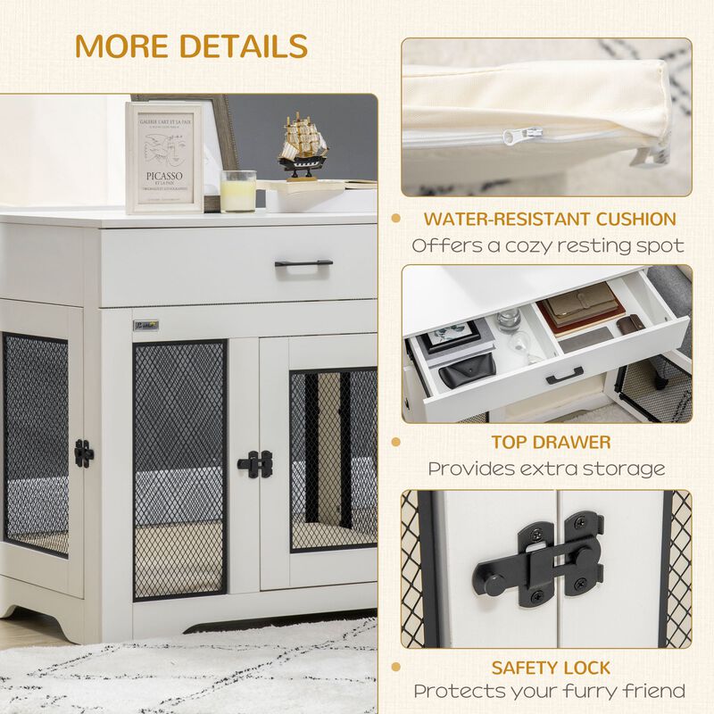 White Pet Furniture: Stylish Dog Crate End Table with Cushion & Drawer