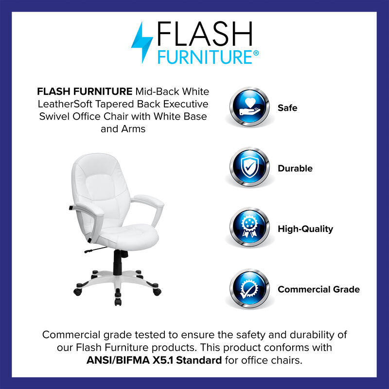 Quincey Mid-Back White LeatherSoft Tapered Back Executive Swivel Office Chair with White Base and Arms