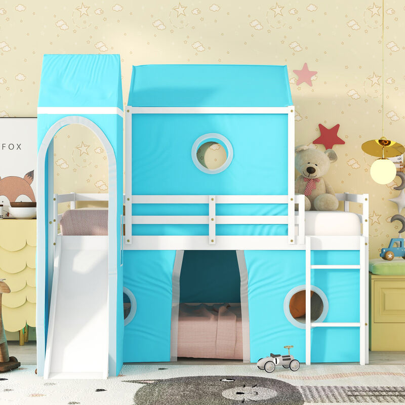 Twin Size Bunk Bed With Slide Tent And Tower