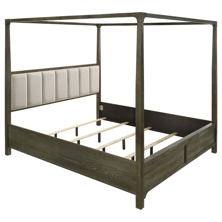 Seon Queen Canopy Bed w 4 Posters, Ivory Upholstery, Dark Cocoa Brown - Benzara