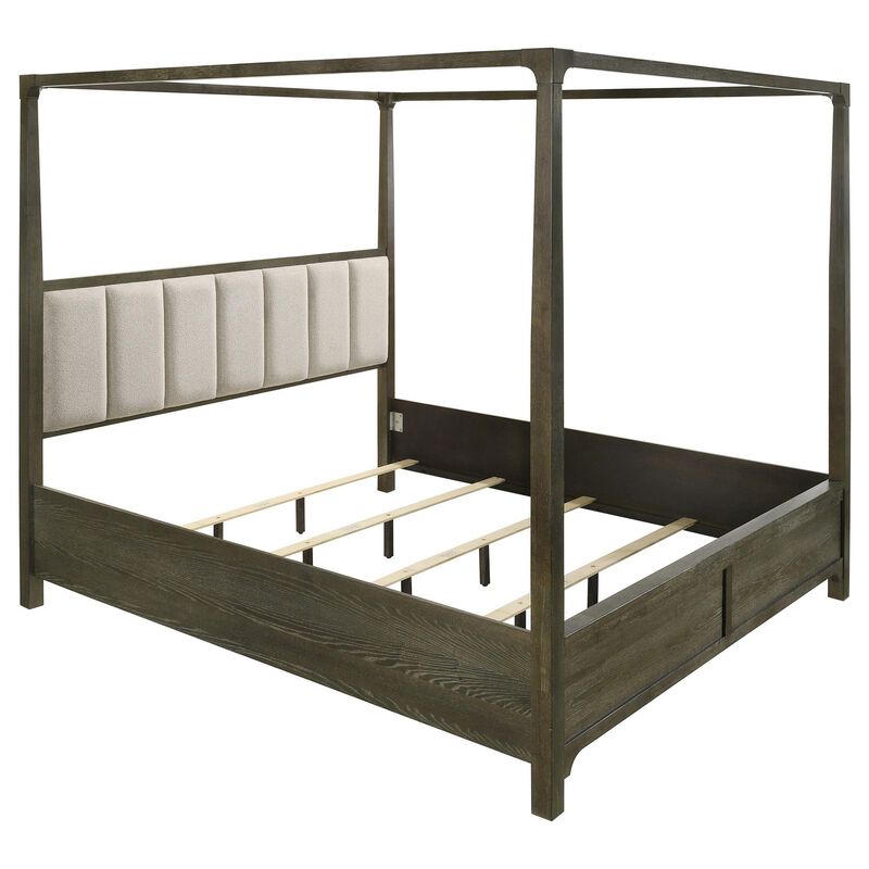 Seon Queen Canopy Bed w 4 Posters, Ivory Upholstery, Dark Cocoa Brown - Benzara