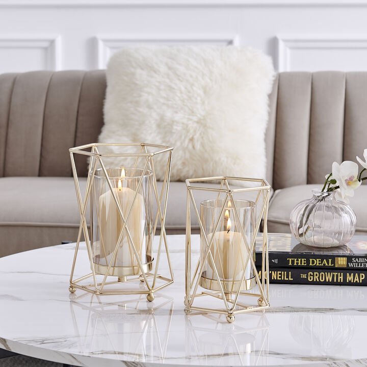Prism Warm Gold Hurricane Candle Holders - Set of 2