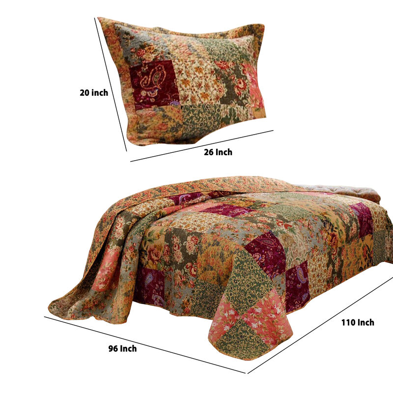 Kamet 3 Piece Fabric Full Size Bedspread Set with Floral Prints, Multicolor - Benzara
